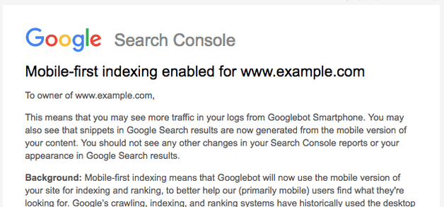 Example of email from Google when your site is being mobile-first indexed.